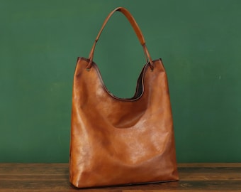 Äkta läderväska kvinnor vintage stor hobo axelväska satchel handväska