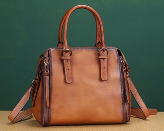 Genuine Leather Satchel Handbag Women Vintage Top-Handle Shoulder Crossbody Bag