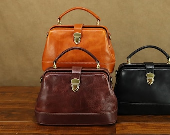 Genuine Leather Small Bag Women Vintage Doctor Style Shoulder Crossbody Bag Satchel Phone Purse
