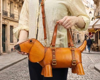 Genuine Leather Animal Dog Shape Bag Vintage Handmade Women Shoulder Crossbody Bag Purse Handbag