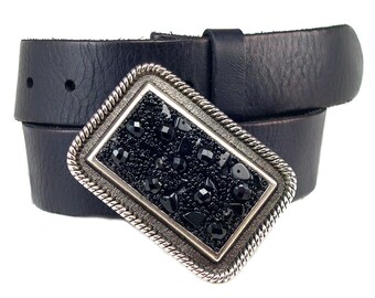 Beaded Belt Buckle - Black Beaded Crystal Western