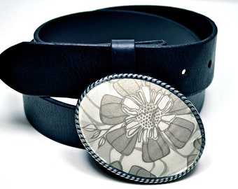 Belt Buckle Silver Grey Floral