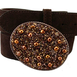 Beaded Belt Buckle Rustic Chocolate Pearls Brown Oval