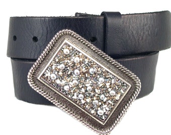 Beaded Belt Buckle - Shimmer Silver Rectangle Cowgirl