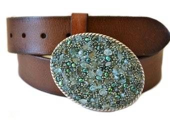 Beaded Belt Buckle - Sea Blue Green Western Cowgirl