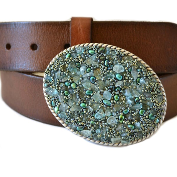 Beaded Belt Buckle - Sea Blue Green Western Cowgirl