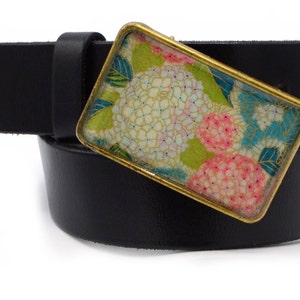 Belt Buckle Hydrangea Flowers Floral Pink Blue Green Leaves Vines