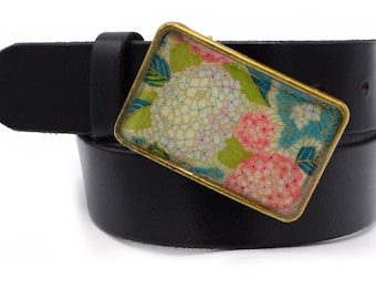 Belt Buckle Hydrangea Flowers Floral Pink Blue Green Leaves Vines