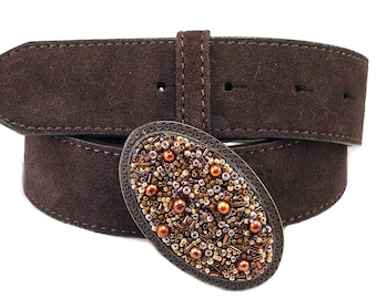 Beaded Belt Buckle Rustic Oval Chocolate Delight