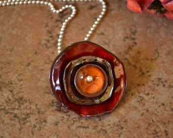 Poppy Flower Enamel Necklace Red Brown Orange