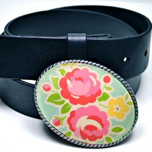 Belt Buckle Pink Posies Robins Egg Blue image 4