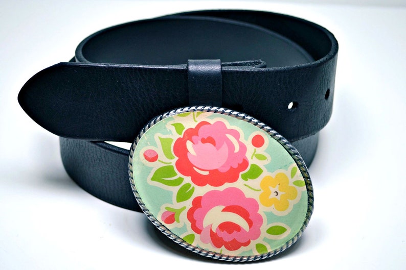 Belt Buckle Pink Posies Robins Egg Blue image 4