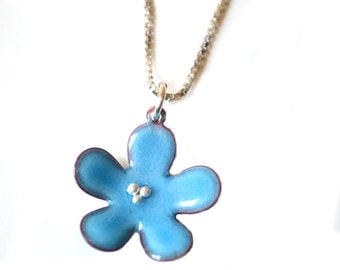 Sea Blue  Flower Enamel Necklace