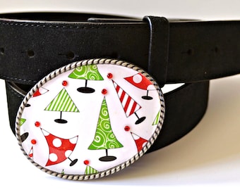 Christmas Tree Belt Buckle  Red Green Crystal Sparkle