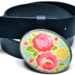 Belt Buckle Pink Posies Robins Egg Blue image 1