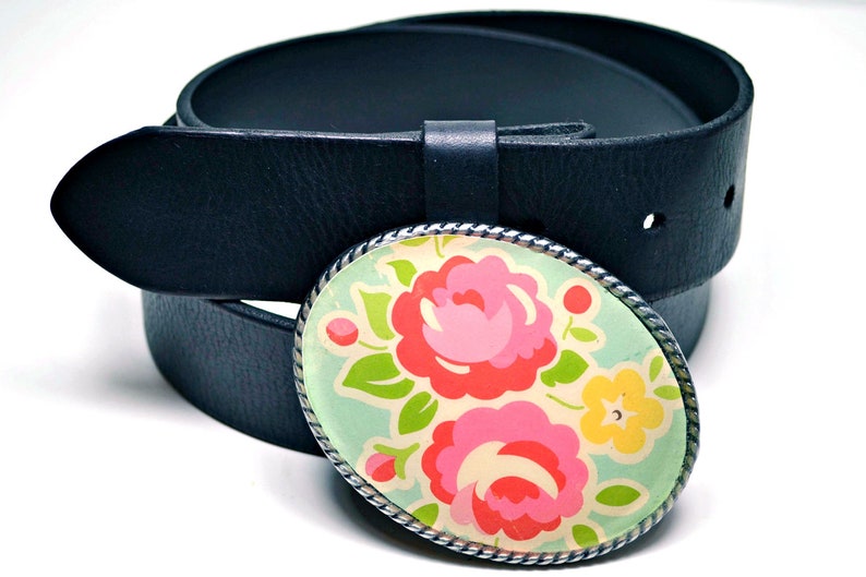 Belt Buckle Pink Posies Robins Egg Blue image 1