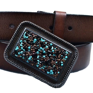 Beaded Belt Buckle Rustic Turquoise Brown Blue Cowgirl