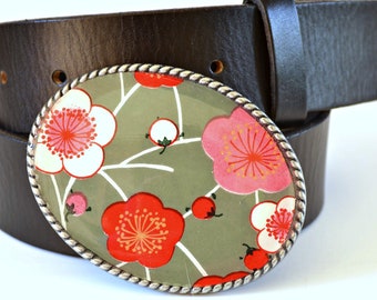 Belt Buckle Asian Blossoms  Gray Pink Red