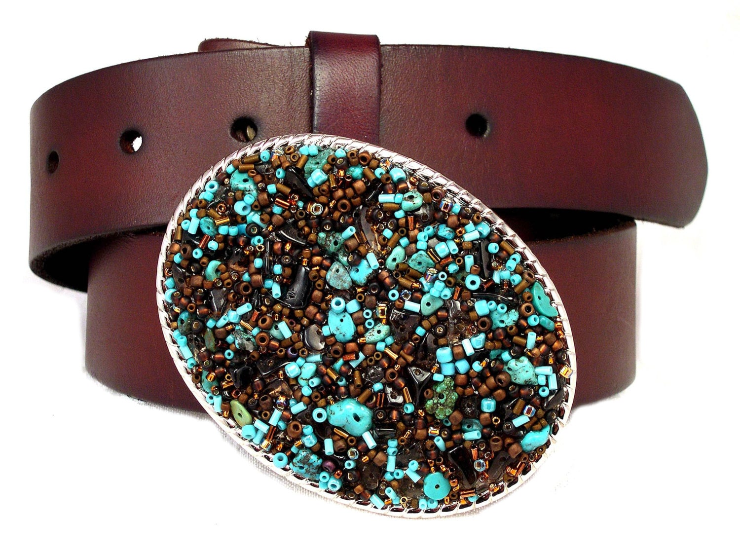 Beaded Belt Buckle Smokey Turquoise - Etsy display picture 1