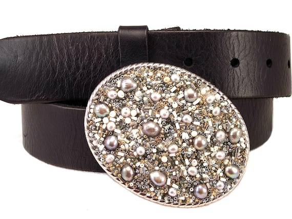 Beaded Belt Buckle - Silver Gray Pearls Country Western Chic  display picture 1