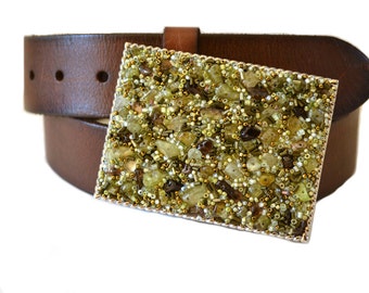 Beaded Belt Buckle - Smokey Green Mist