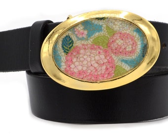 Belt Buckle Hydrangea Flowers Blue Pink Green Leaves Gold