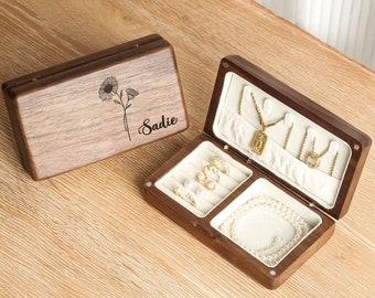 Personalized Birth Flower Black Walnut Jewelry Box, Custom Engraved Gift