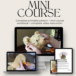 May include: A digital mini course featuring a printable pattern, workbook, and video instruction for making a teddy bear. The display shows a computer monitor, a laptop, and a tablet screen with images of a beige plush bear head and fabric.