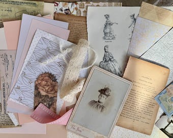 Romantische viktorianische Papierpalette | Kuratierte antike Ephemera Sammlung mit Spitzen, Porträts & Blumenpapieren
