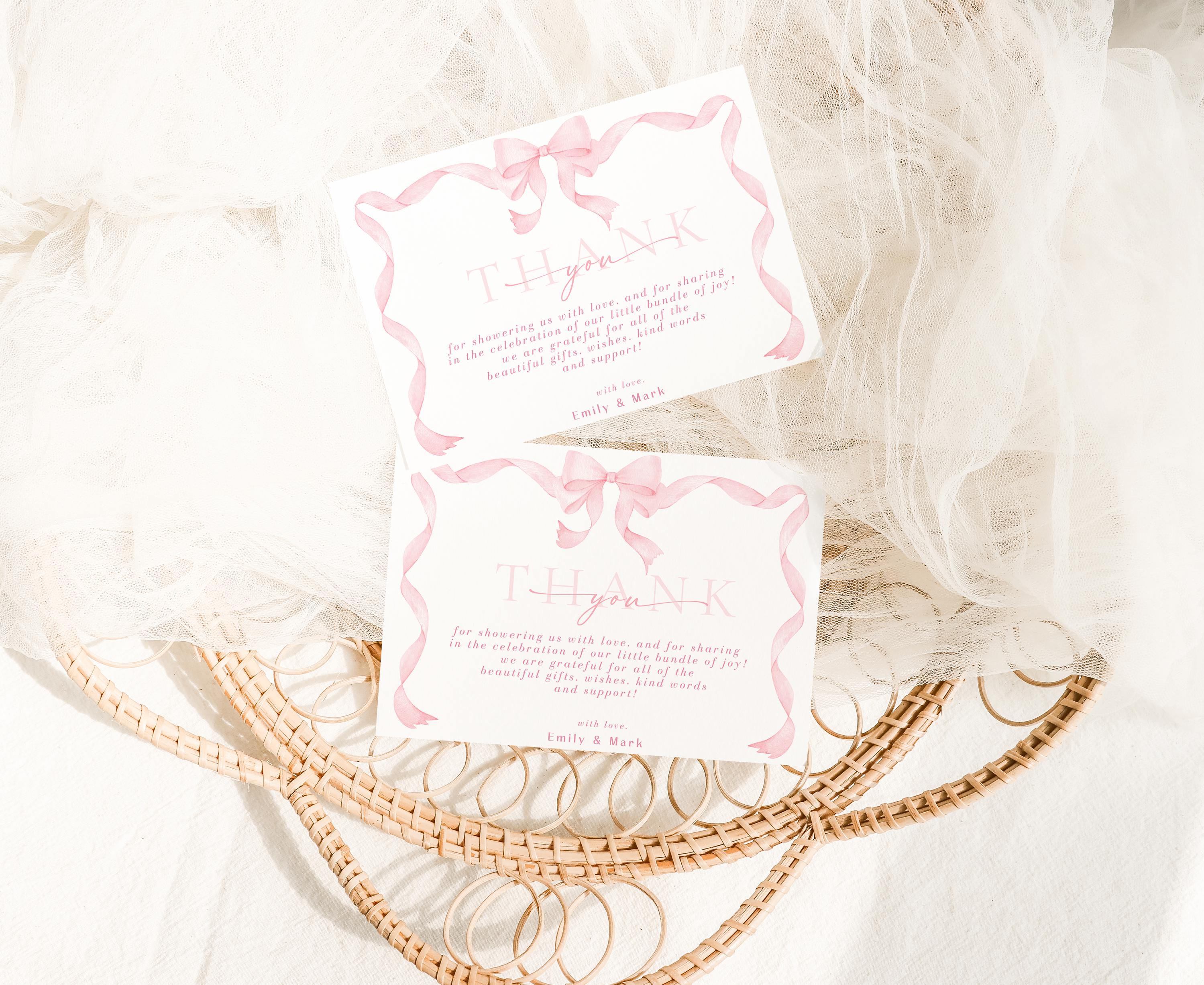 Pink Bow Baby Shower Thank You Card Template, Ribbon Bow Than You Cards ...