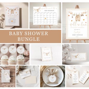 May include: A baby shower bundle featuring invitations, cupcake toppers, a calendar, and a welcome sign. The designs include a neutral color palette with a bear and floral theme. The text "Baby Shower Bundle" is displayed prominently.