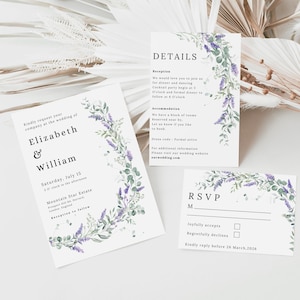 Lavendel Hochzeit-Einladung, Lila Wildblumen Einladung, Lavendel Hochzeit Stationär, Lila Einladung, Printable Einladung Set WC103