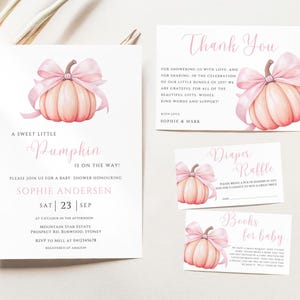 Pumpkin Baby Shower Invitation, Sweet Little Pumpkin Invite, Pink Bow Pumpkin Baby Shower Invite Set, Fall Pumpkin Invite, Editable W76
