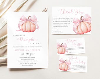 May include: Baby shower stationery set with a watercolour pumpkin and pink bow design. The invitation reads "A Sweet Little Pumpkin is on the Way!" and includes details for Sophie Andersen's baby shower.