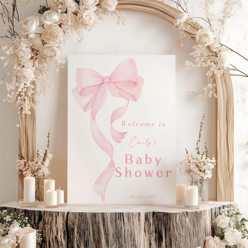 Blush Pink Bow Baby Shower Welcome Sign Canva Template (digital ...