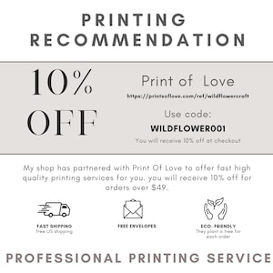 K&ouml;nnte beinhalten: Eine Werbegrafik mit dem Text &bdquo;DRUCKEMPFEHLUNG&ldquo; oben. Sie zeigt ein hellgraues Rechteck mit &bdquo;10 % RABATT&ldquo; in gro&szlig;er Schrift. Darunter steht &bdquo;Print of Love&ldquo; und ein Rabattcode &bdquo;WILDFLOWER001&ldquo;.