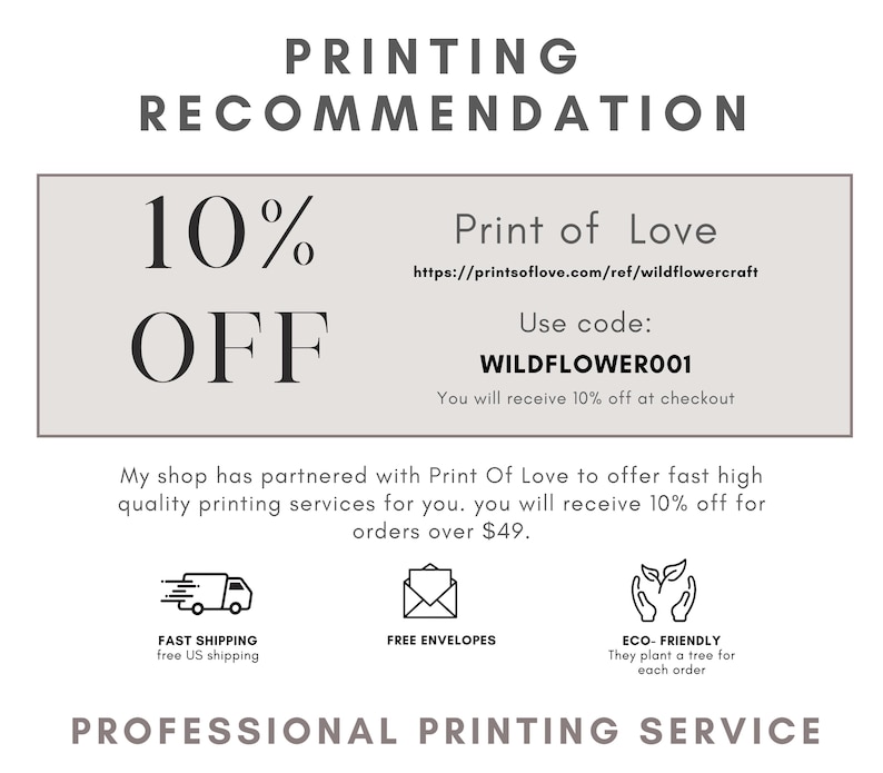 K&ouml;nnte beinhalten: Eine Werbegrafik mit dem Text &bdquo;DRUCKEMPFEHLUNG&ldquo; oben. Sie zeigt ein hellgraues Rechteck mit &bdquo;10 % RABATT&ldquo; in gro&szlig;er Schrift. Darunter steht &bdquo;Print of Love&ldquo; und ein Rabattcode &bdquo;WILDFLOWER001&ldquo;.