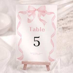 Bearbeitbare Blush Pink Bow Baby Shower Tischnummer Vorlage, Hochzeit Tischnummern, Pink Bow Hochzeitstabelle, Soft Pink Tischnummer WC118