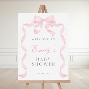 Plaque de bienvenue avec noeud rose, plaque de bienvenue rose tendre pour baby shower imprimable, modèle de plaque de douche noeud rose pour baby shower, plaque de bienvenue pour bébé fille WC118