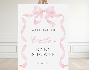 Rosa Schleife Willkommensschild, zartes rosa Baby-Dusche Willkommensschild zum Ausdrucken, Rosa Schleife Baby Girl Shower Sign Vorlage, Mädchen-Baby-Willkommensschild WC118