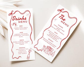 May include: Two white menu cards with red text and decorative borders. The left card says "Drinks Menu" and lists beer, wine, spirits, and mocktails. The right card says "The Menu" and lists starters, main courses, and dessert options.