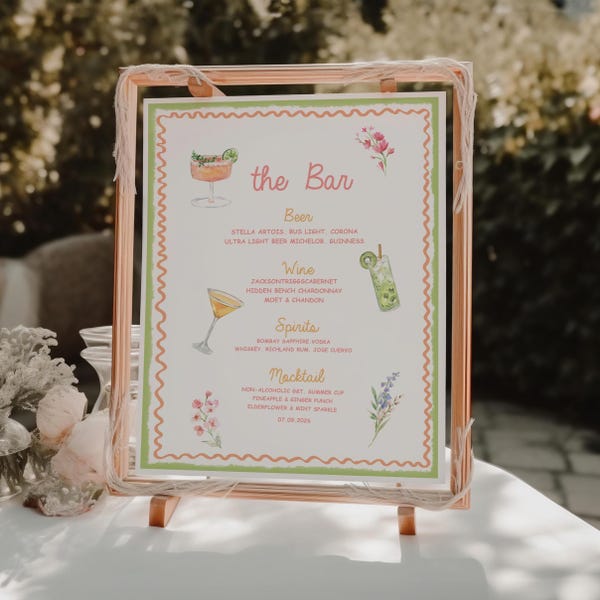 Floral Drinks Menu Template: Wedding, Bridal Shower, Bar Sign (5x7 & 8x10) (Digital Download)