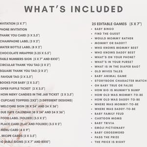 May include: A list of items and games for a baby shower, including invitations, labels, tags, and games. The text includes measurements in inches, such as 5 x 7 inches and 2 x 3.5 inches. The list is on a light beige background.