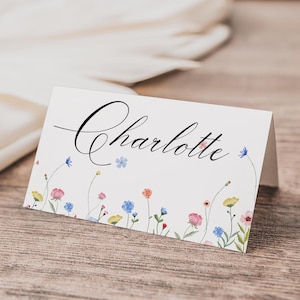 Carte de visite fleurs sauvages, marque-places fleurs sauvages bohèmes, carte sièges fleurs sauvages, mariage fleurs sauvages, modifiable et imprimable, Canva WC142
