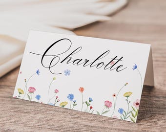 Watercolor Wildflower Wedding Place Card: Editable Printable (Canva)