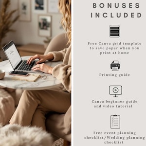 Op de afbeelding: Een persoon werkt op een laptop aan een ronde marmeren tafel. De afbeelding bevat een koffiekopje, telefoon en notitieblok. Tekst aan de rechterkant luidt "BONUSES INCLUDED" met een lijst met gratis bronnen.