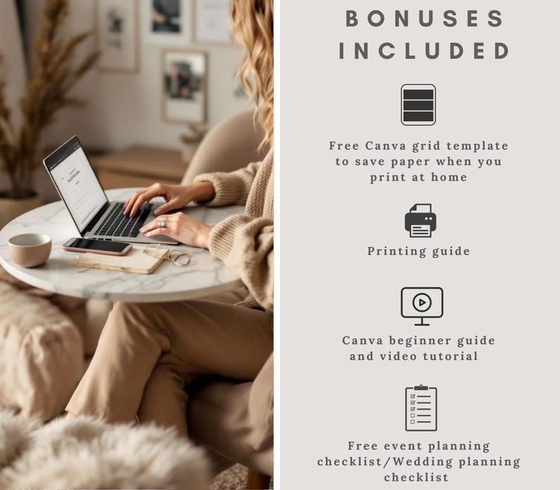 Op de afbeelding: Een persoon werkt op een laptop aan een ronde marmeren tafel. De afbeelding bevat een koffiekopje, telefoon en notitieblok. Tekst aan de rechterkant luidt "BONUSES INCLUDED" met een lijst met gratis bronnen.