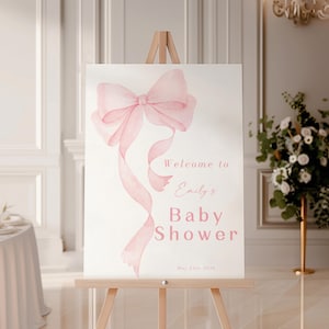 Editable Blush Pink Bow Baby Shower Welcome Sign Template, Baby Girl Shower, Soft Pink Bow sign,  Canva Template, Digital download WC118