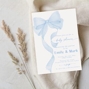 Blue Bow Baby Shower Invitation Template (Editable, Digital Download)