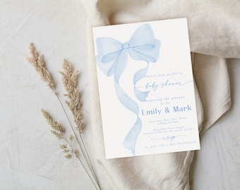 Blue Bow Baby Shower Invitation Template (Editable, Digital Download)